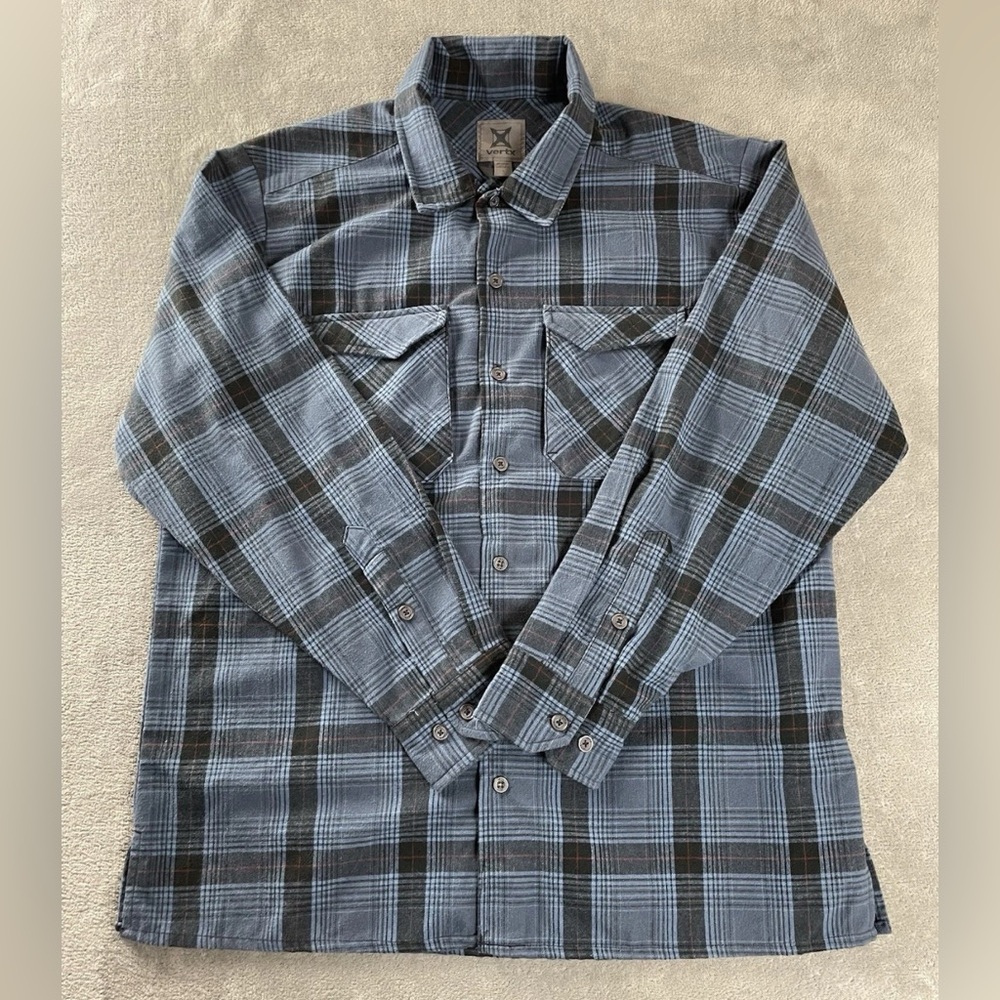 Vertex Flannel Shirt Mens Size L Blue Plaid Snap Button Combo Conceal Pockets